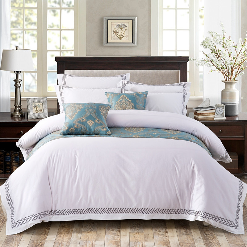 흰색 6080S 100% 면 화살표 자수 호텔 침실 침구 시트 세트